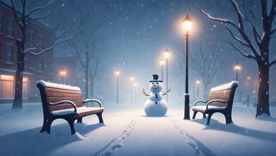 The primary subject of the image is a snowman standing on a snow-covered sidewalk. The setting is a snowy city street at night, with a bench nearby. The visual style is a digital art or illustration, creating a whimsical and festive atmosphere. The dominant colors are white and gray, representing the snow and the nighttime environment.